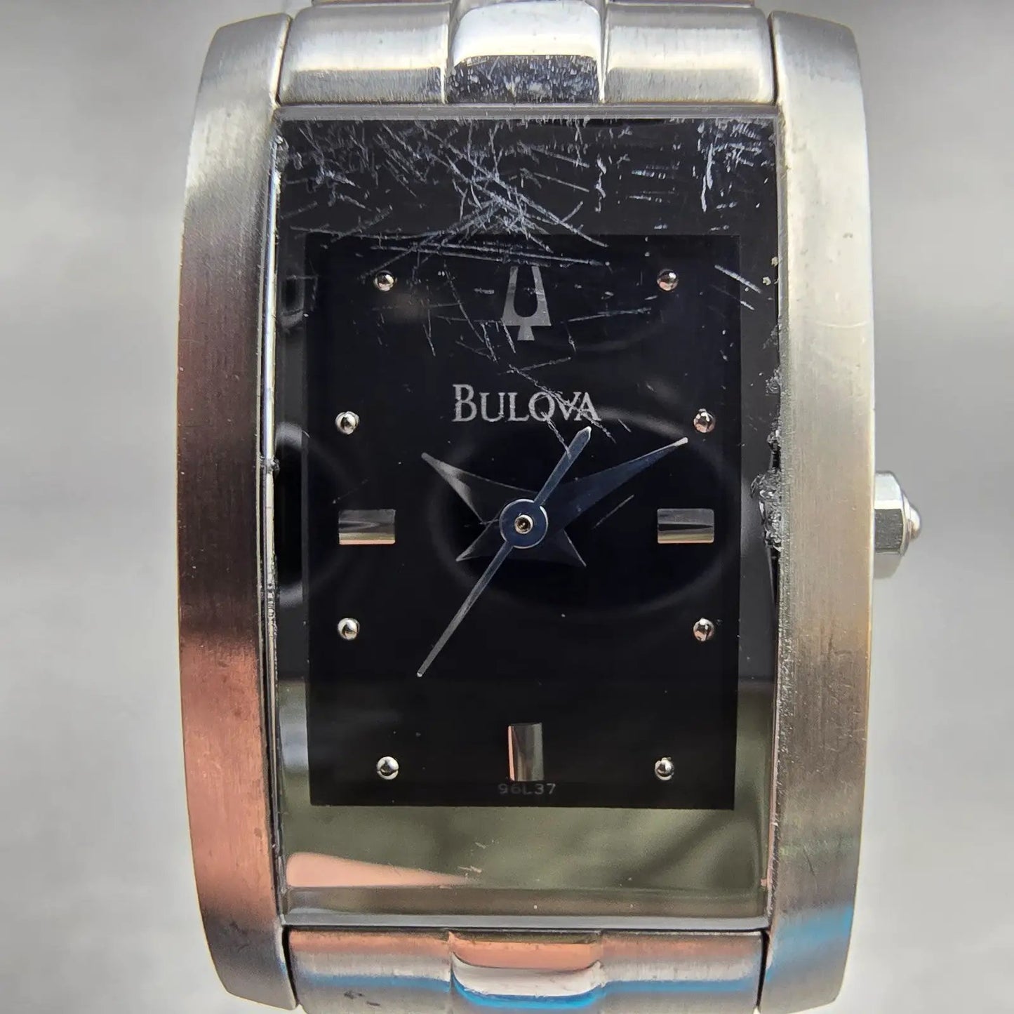 Bulova Watch Women 18mm Black Dial Silver Tone Rectangle 96L37 New Battery1