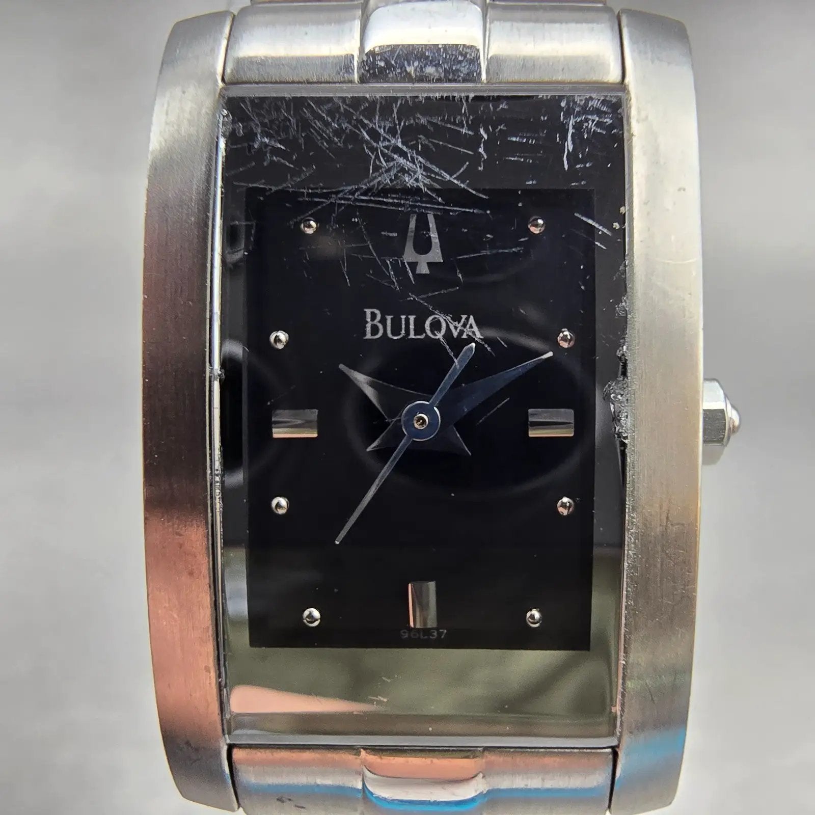 Bulova Watch Women 18mm Black Dial Silver Tone Rectangle 96L37 New Battery1