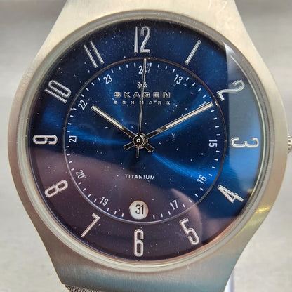 Skagen Watch Men 37mm Blue Dial Titanium Date Round 233XLTTN New Battery1