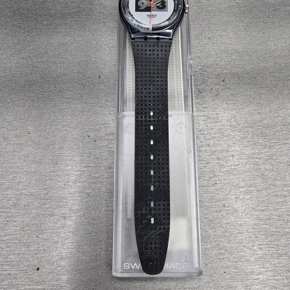 Swatch Nüni Watch Men 34mm Silver Dial Black Tone Round GM108 New Battery NOS3