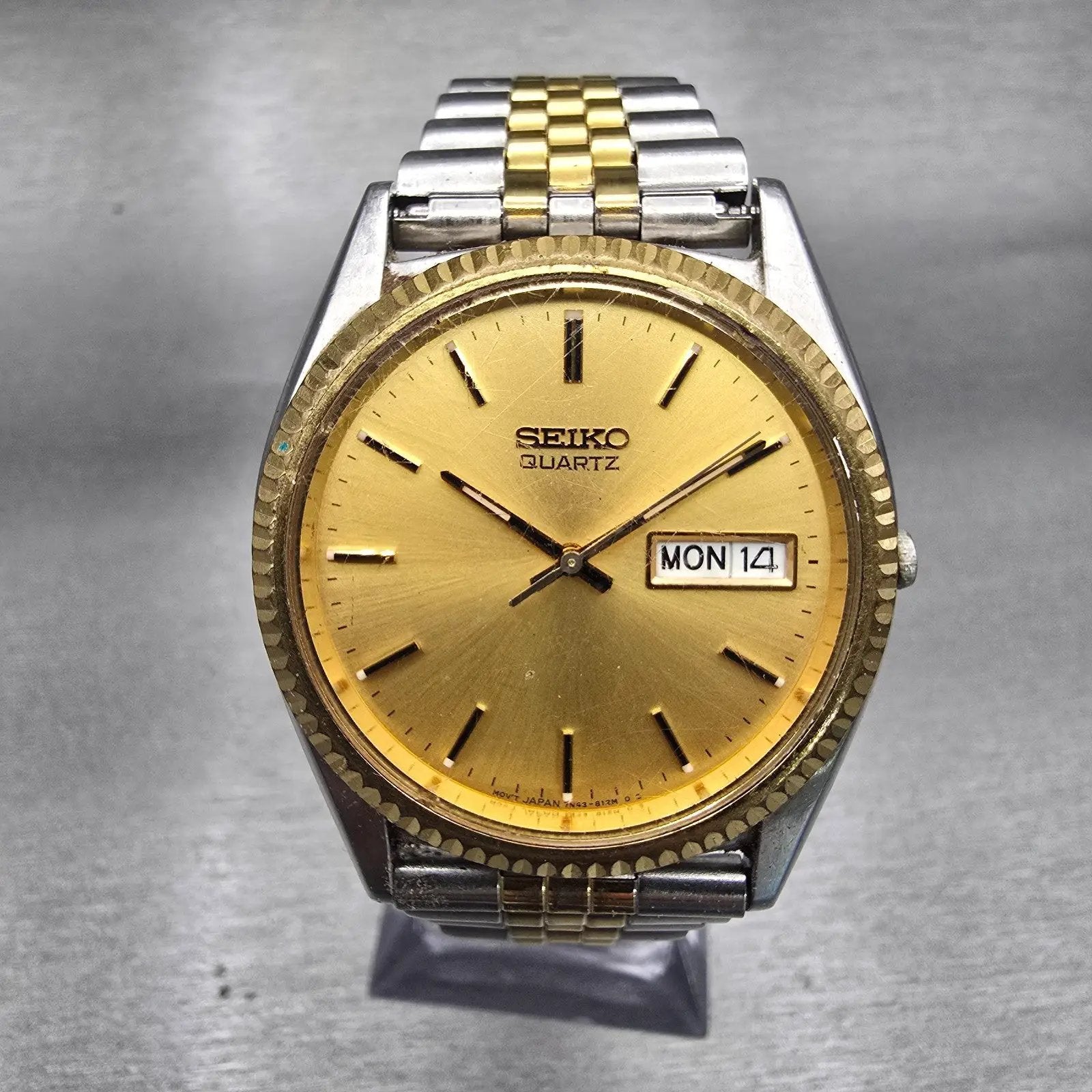 Seiko President Watch Men 35mm Gold Dial Two Tone Daydate 7N43-8111 New Battery0