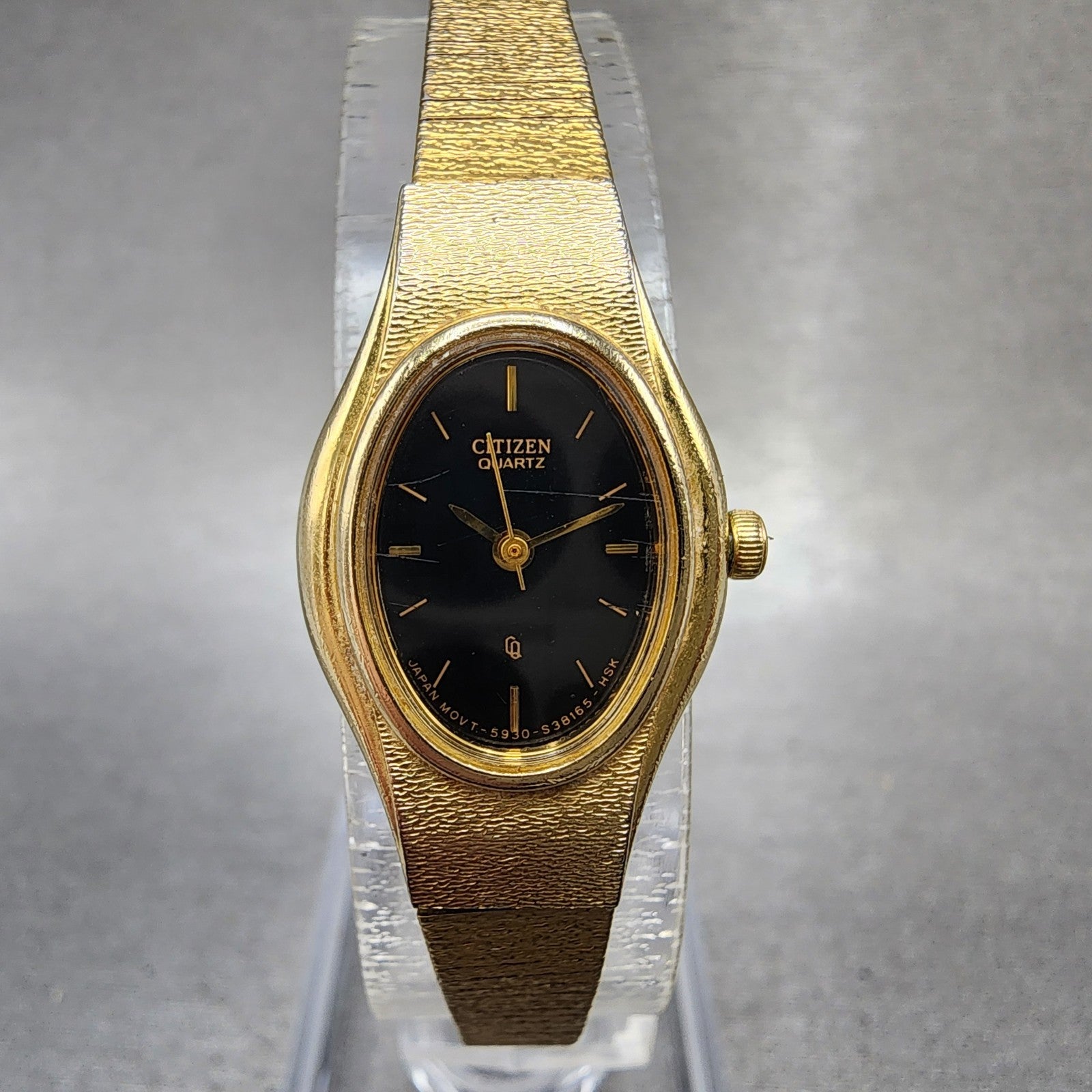 Citizen CQ Watch Women 17mm Black Dial Gold Tone Oval 5930S25350 New BatteryA120
