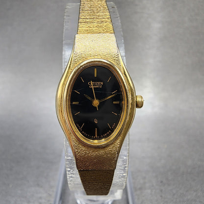 Citizen CQ Watch Women 17mm Black Dial Gold Tone Oval 5930S25350 New BatteryA120