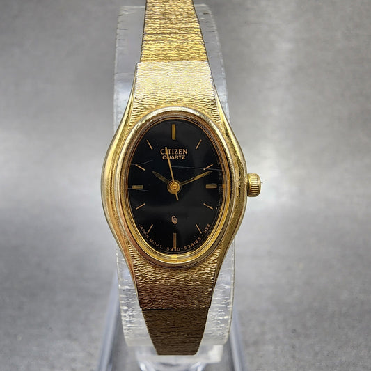 Citizen CQ Watch Women 17mm Black Dial Gold Tone Oval 5930S25350 New BatteryA120