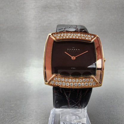 Skagen Watch Women 31mm Brown MOP Dial Rose Gold Tone Bling Bezel Rectangle Runs