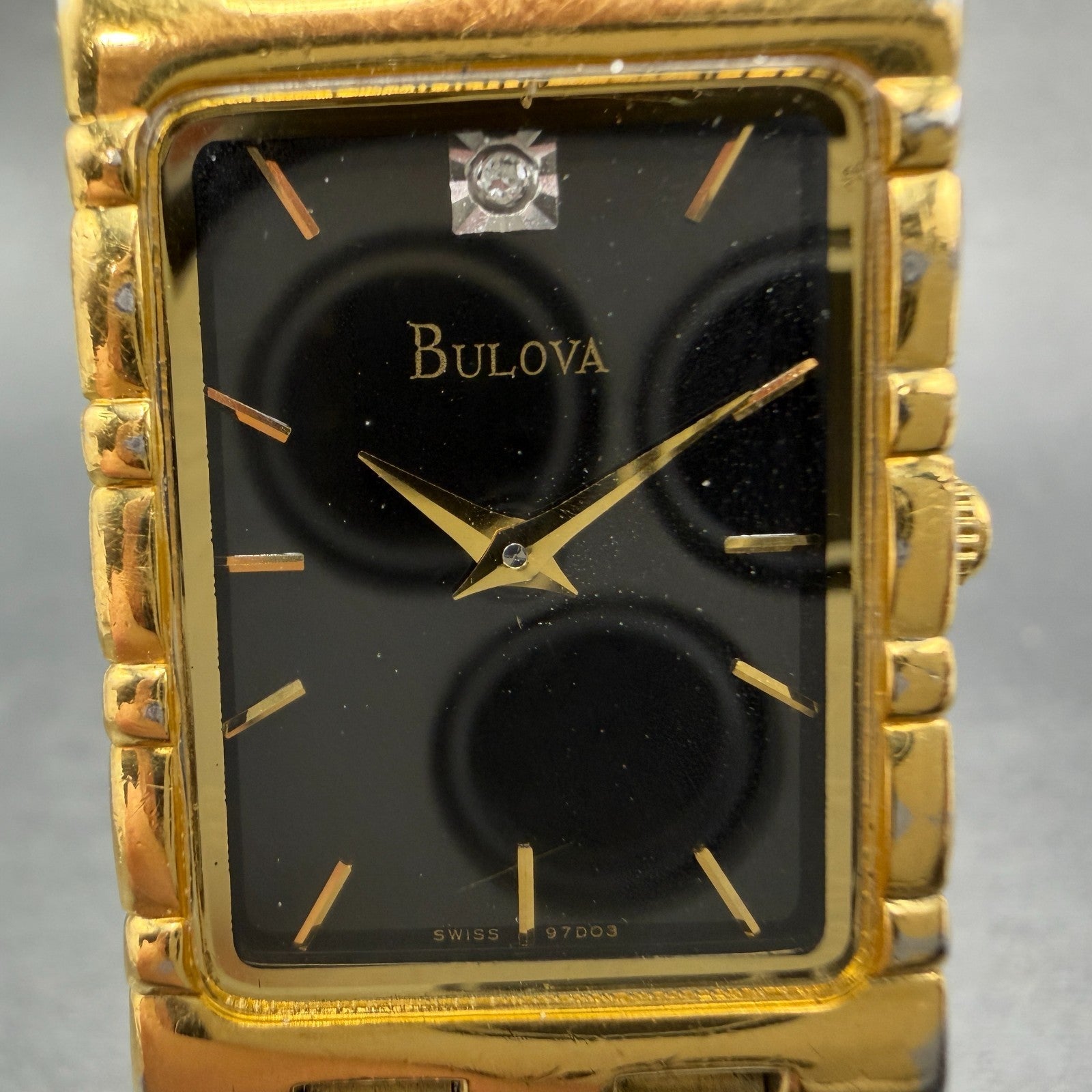 Bulova Tank Watch Men 23mm Black Dial Gold Tone Rectangle 97D03 PARTS Diamond2