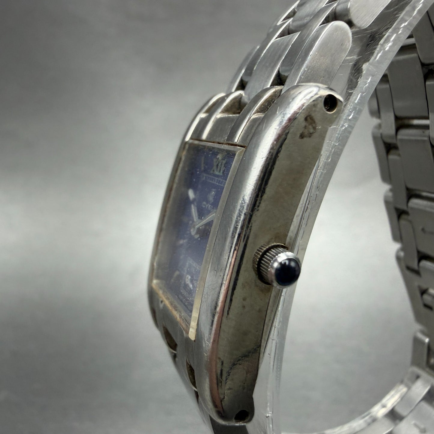 Cyma Tank Watch Women 20mm Blue Dial Silver Tone Rectangle 730 New Battery2
