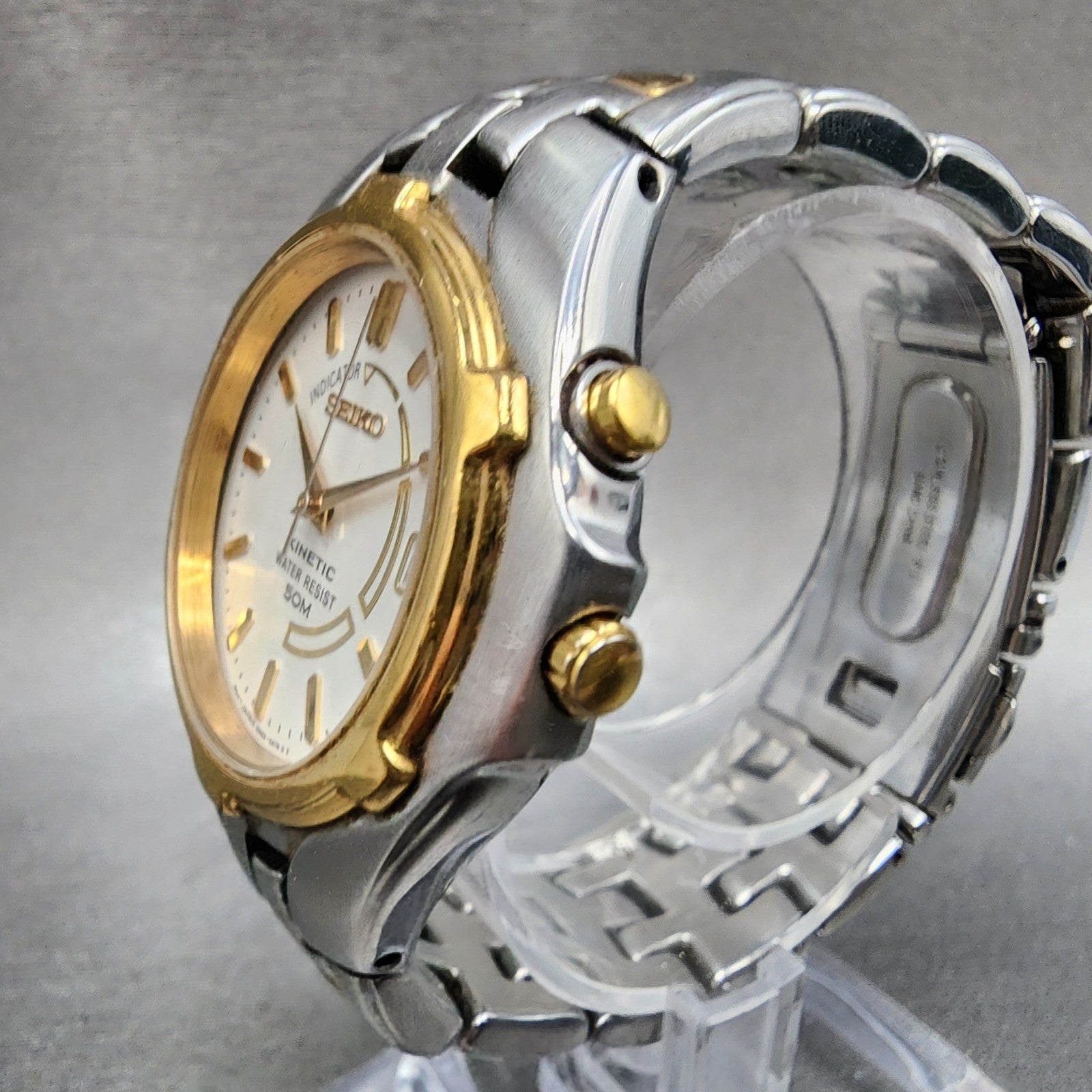 Seiko Kinetic Watch Men 37mm White Dial Two Tone Date 5m620a89 New Cap4