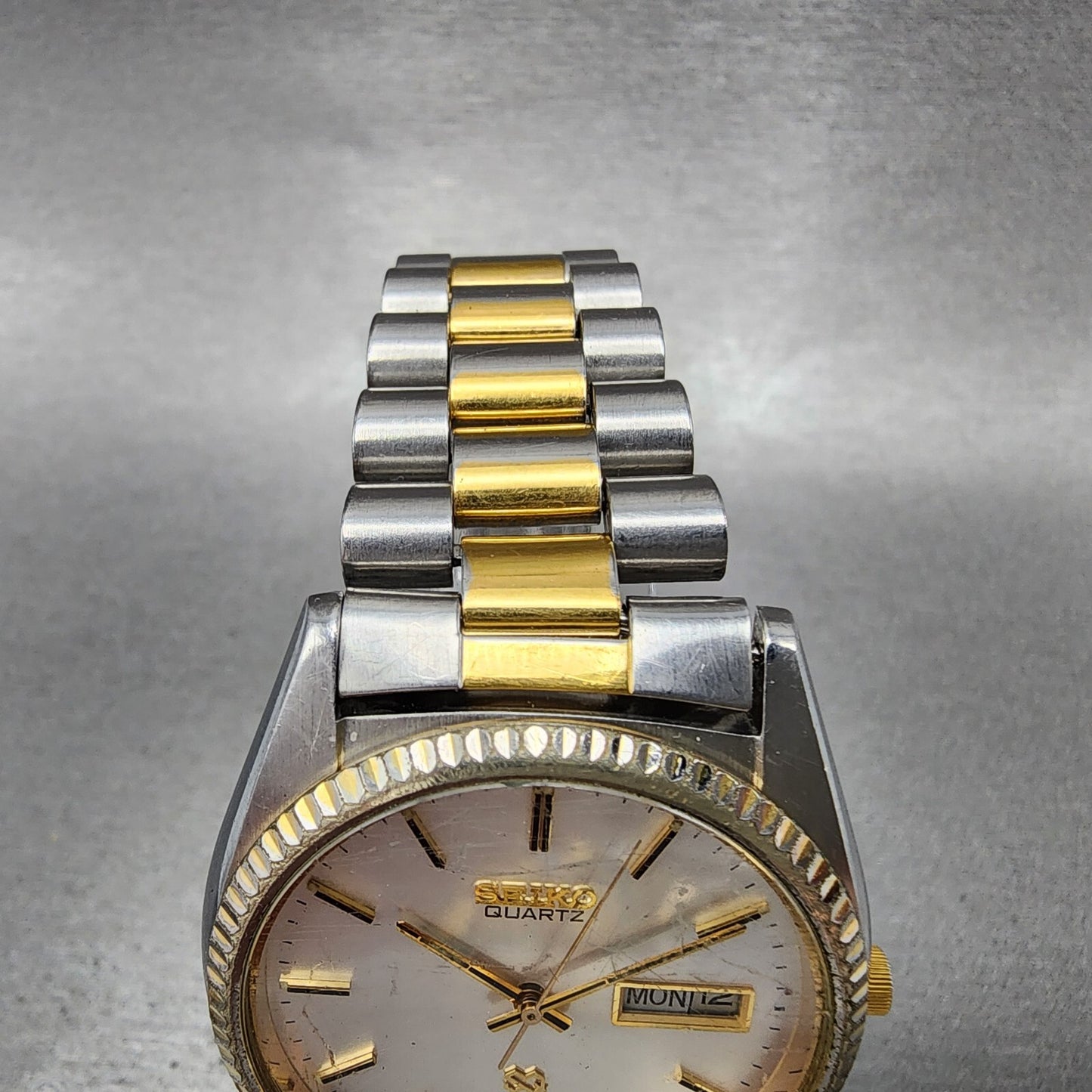 Seiko Sq Watch Men 36mm White Dial Two Tone Daydate Round  5y238a69 New Battery4