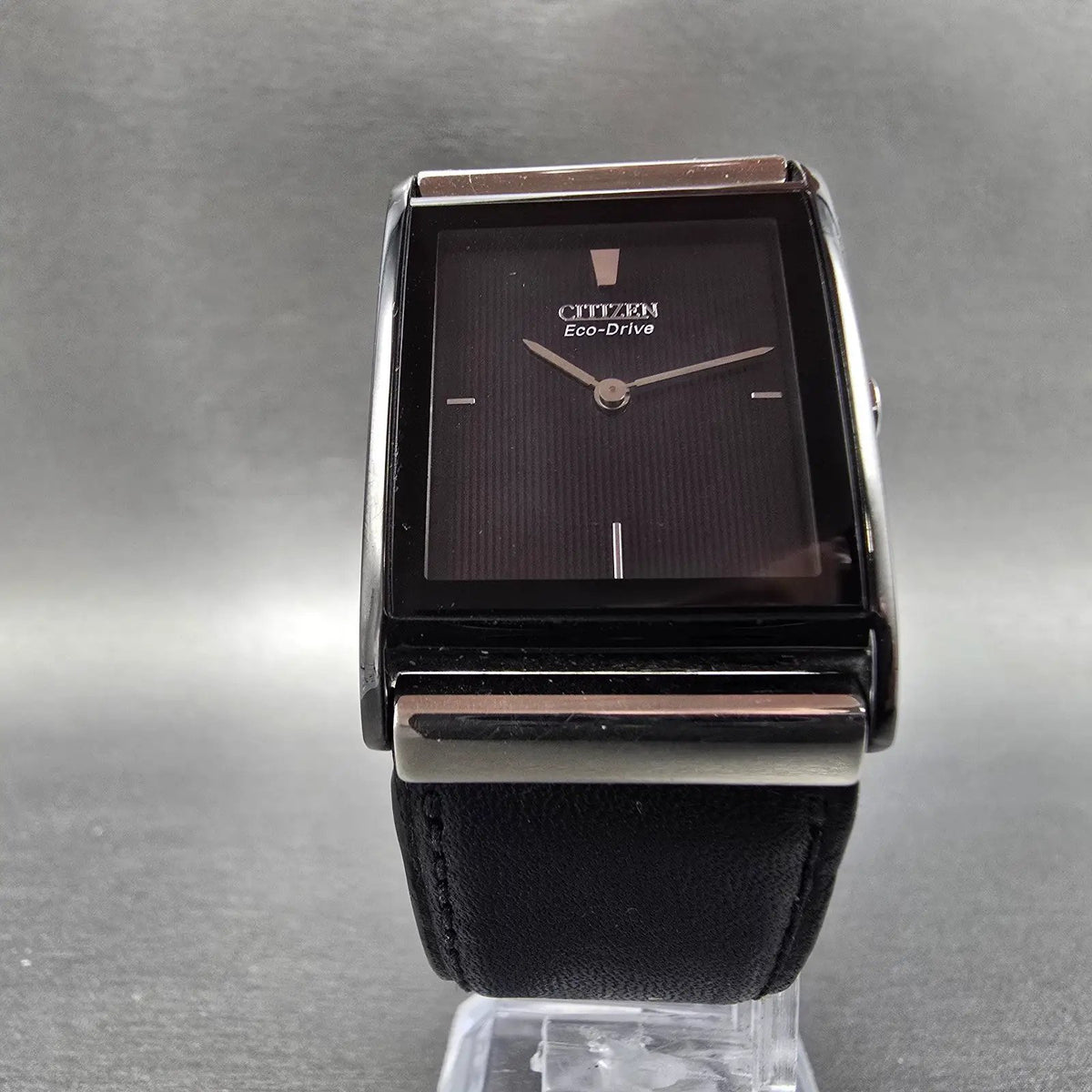 Citizen Eco-Drive Tank Watch Men 26mm Black Dial Black Tone Leather Band Runs5