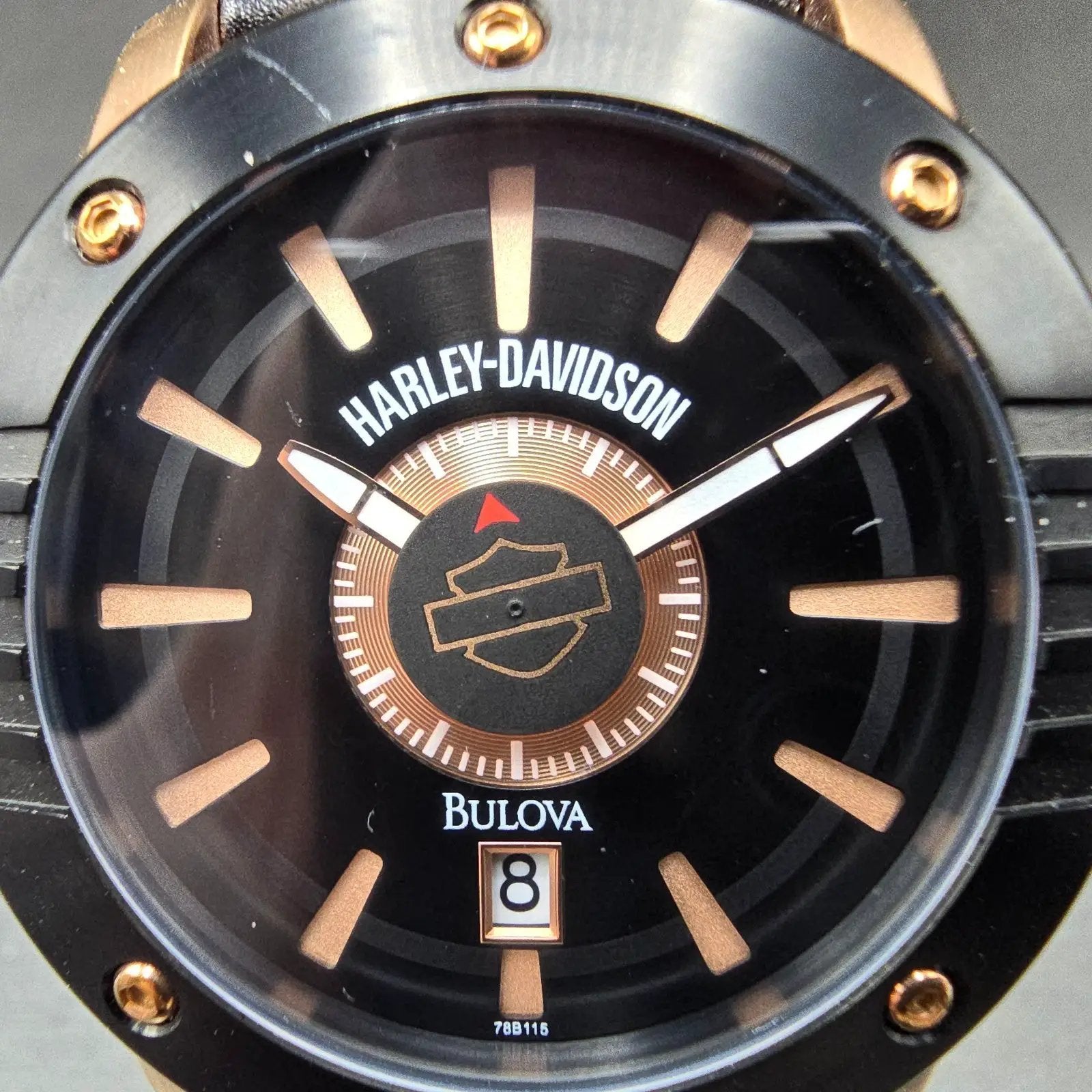 Bulova Harley Davidson Watch Men 43mm Black Dial Rose Gold Tone Date 78B115 Runs1