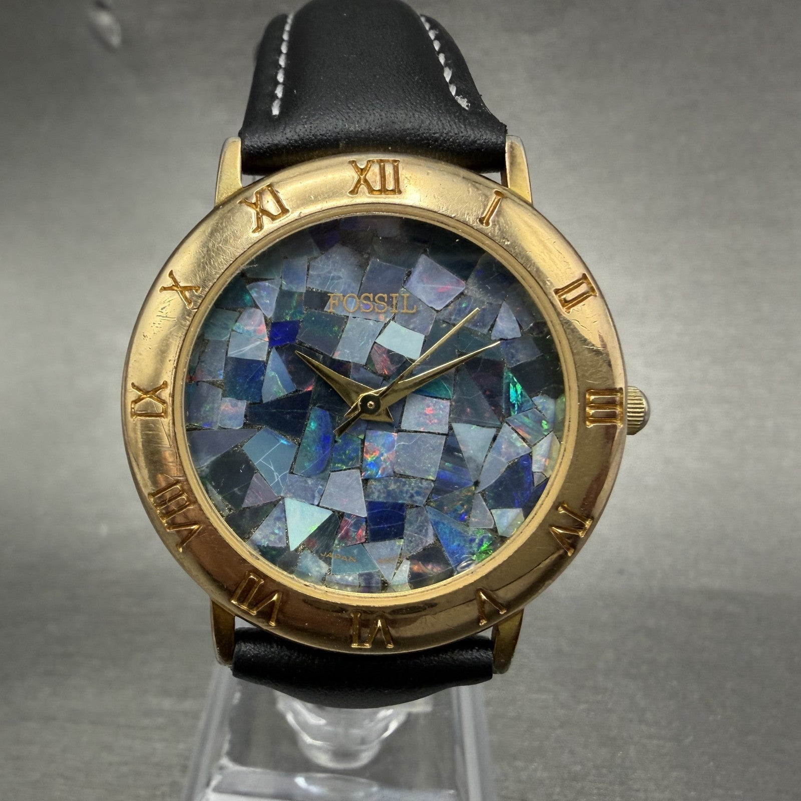Fossil Watch Men 34mm Blue Mosaic Dial Gold Tone Round Leather band New Battery0