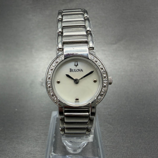 Bulova Watch Women 22mm MOP Dial Silver Tone Round Diamond Bezel 96R08 New Batt0