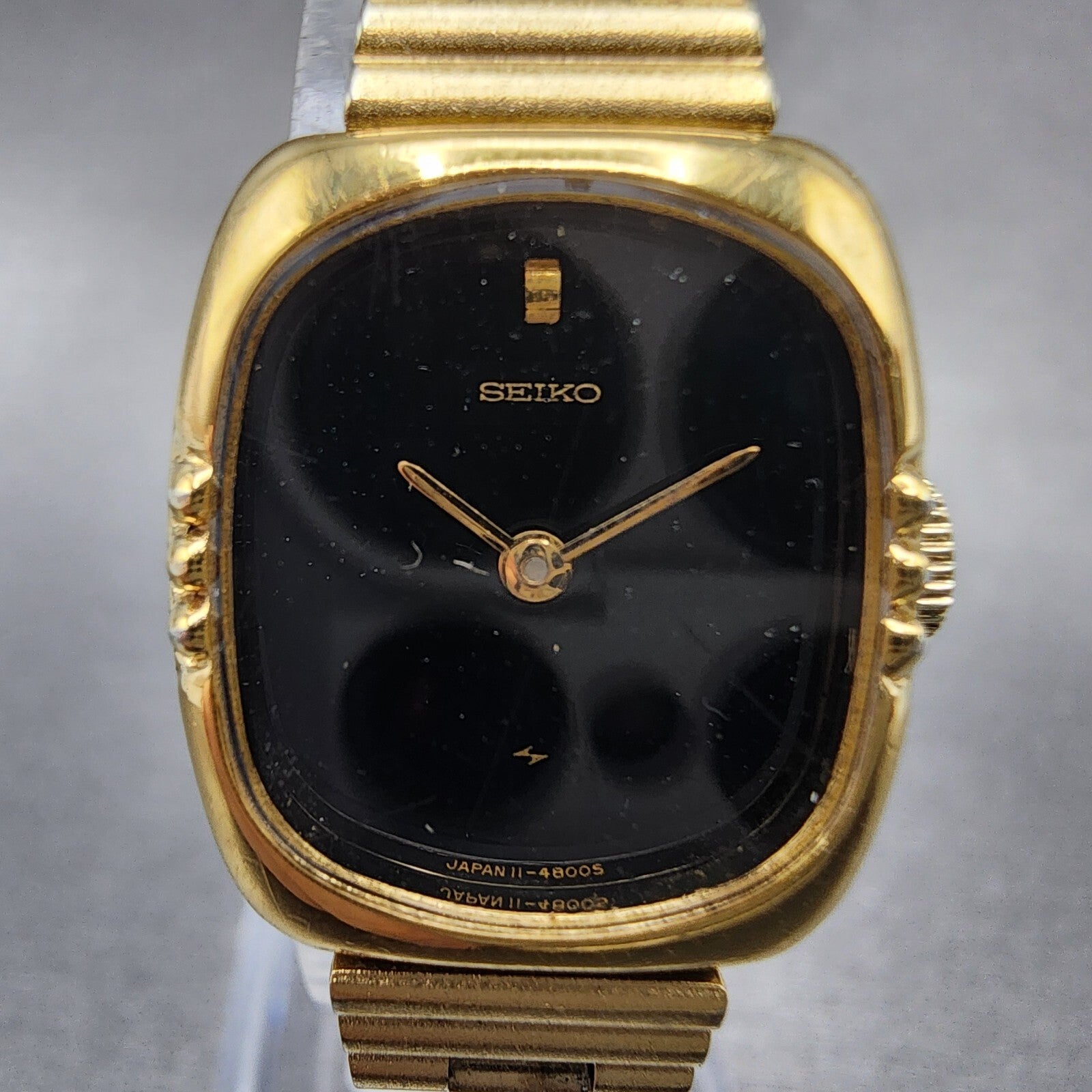 Seiko Tank Watch Women 18mm Black Dial Gold Tone Manual 114750 Runs1