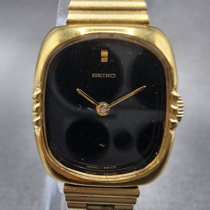 Seiko Tank Watch Women 18mm Black Dial Gold Tone Manual 114750 Runs1