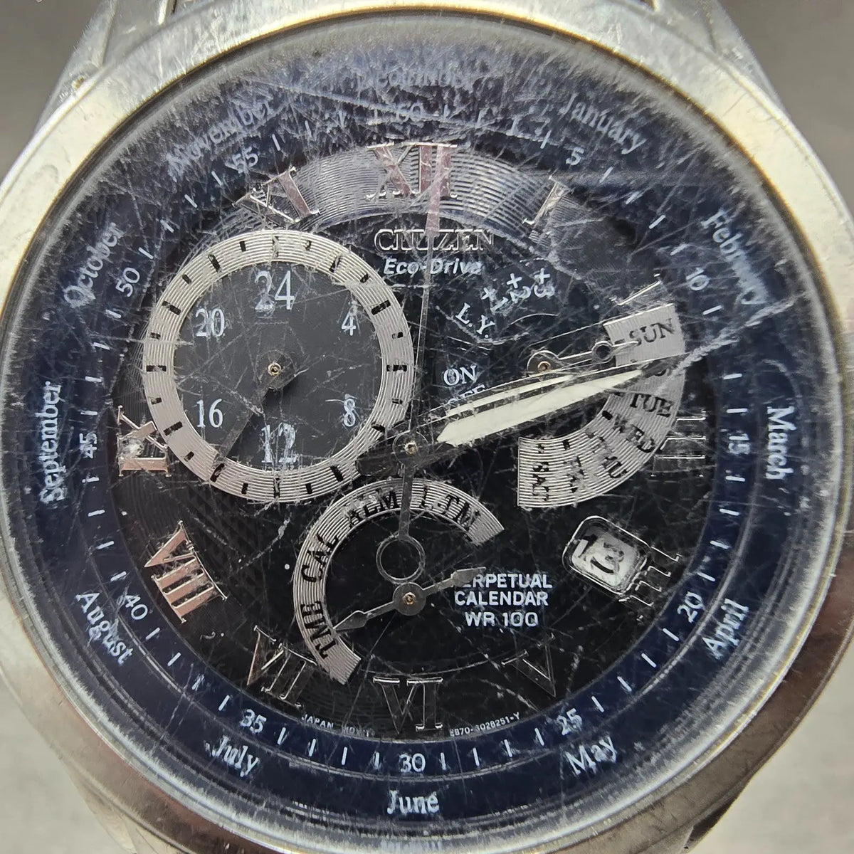 Citizen Eco-Drive Perpetual Calendar Watch Men 39mm Black Dial Steel Alarm Runsc1