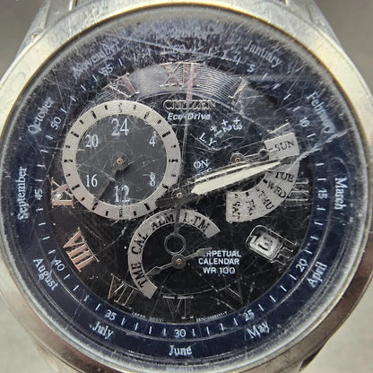 Citizen Eco-Drive Perpetual Calendar Watch Men 39mm Black Dial Steel Alarm Runsc1