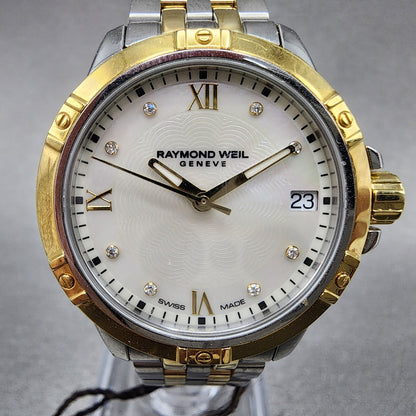 Raymond Weil 5960 Watch Women 30mm MOP Dial Two Tone Date Diamond Marker New Bat