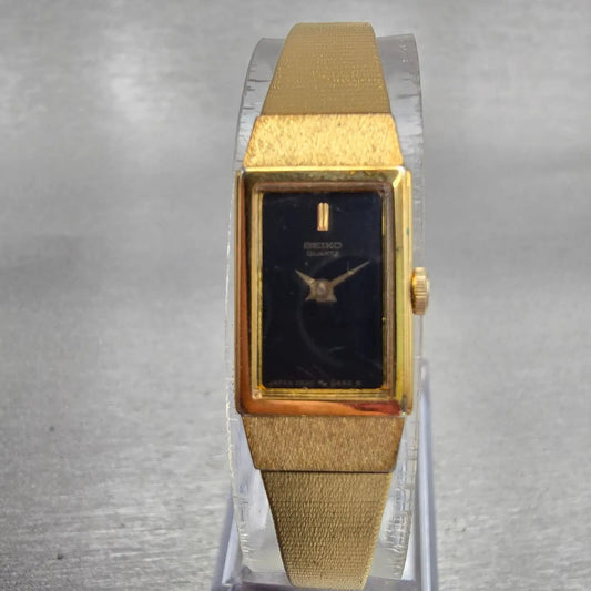 Seiko Watch Women 12mm Black Dial Gold Tone Rectangle 2E20-5490 New Battery VTG0