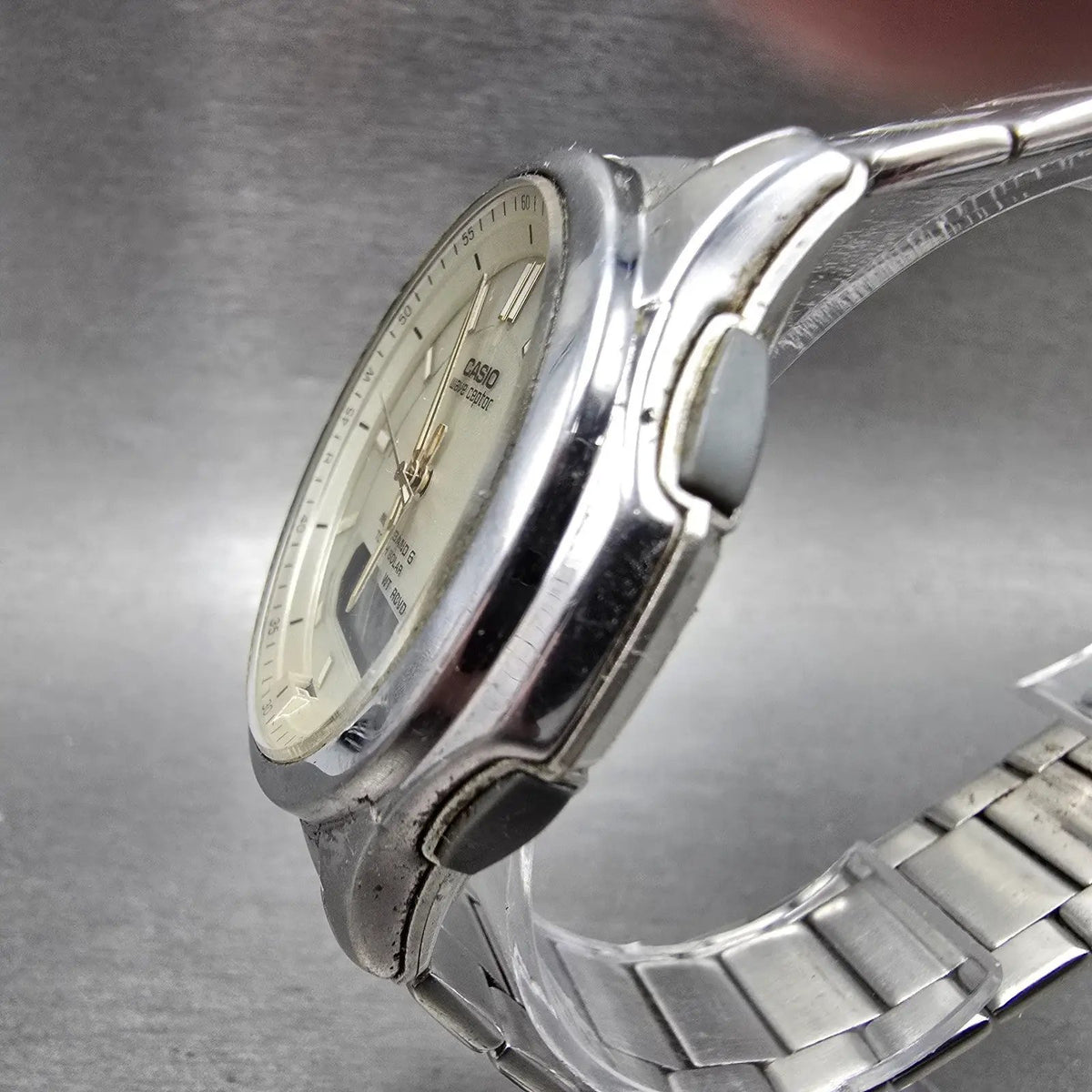 Casio Wave Ceptor Watch Men 42mm Champagne Dial Steel Solar Analog Digital Runsa2