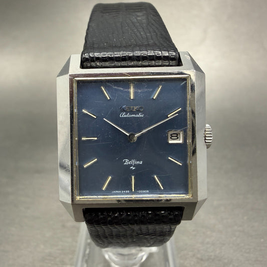 Seiko Automatic Belfina Tank Watch Women 26mm Blue Dial Silver Tone Date Runs0