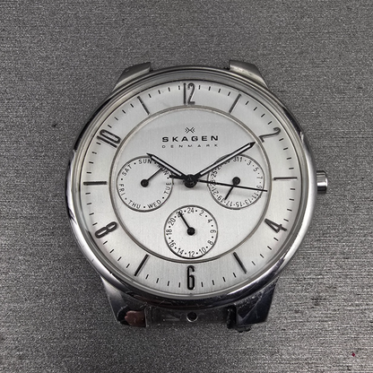 Skagen Watch Men 38mm Silver Dial Silver Tone Daydate 331XLSLC4 New Battery READ0