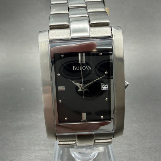 Bulova Tank Watch Men 25mm Black Dial Silver Tone Date 98B59 New Battery0