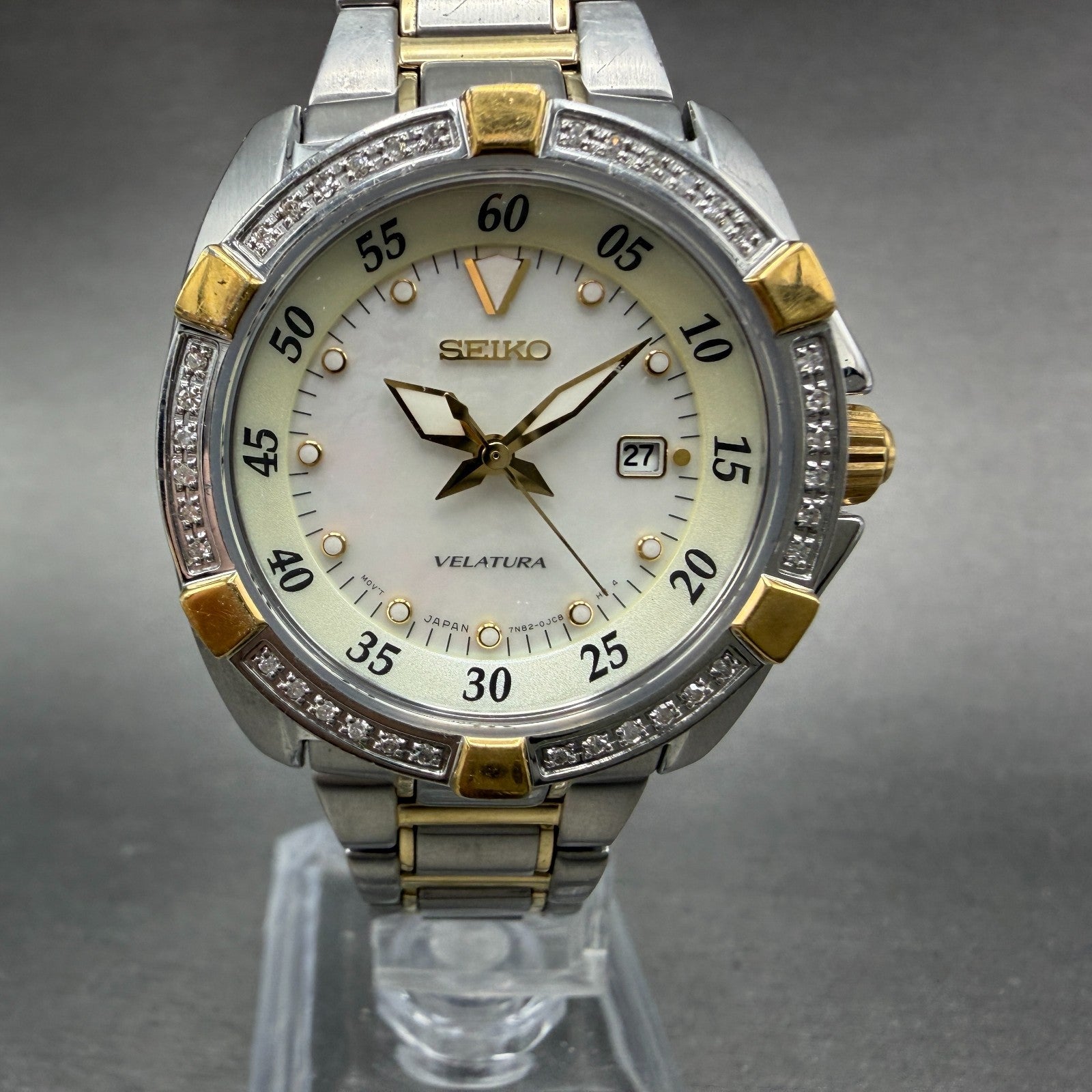 Seiko Velatura Watch Women 30mm MOP Dial Two Tone Date 7N82-0DM0 PARTS0