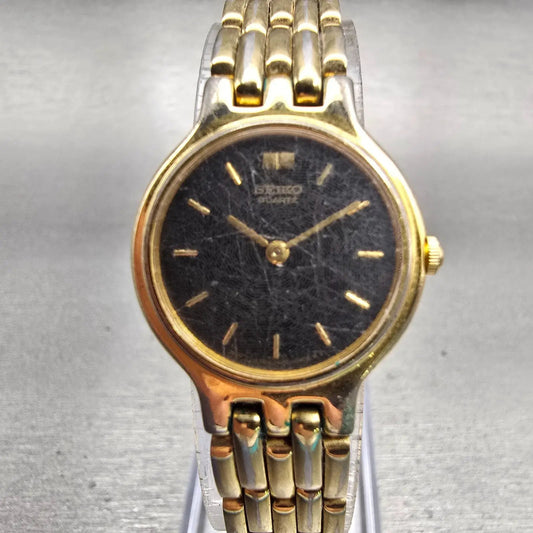Seiko Watch Women 22mm Black Dial Gold Tone Round 1N00-0A99 New Battery Vintage0