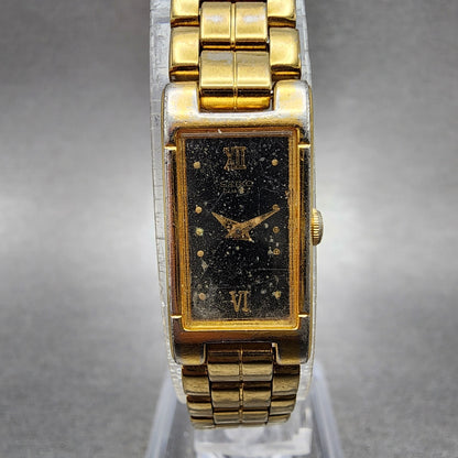 Seiko Tank Watch Women 13mm Black Dial Gold Tone 2e206590 New Battery0