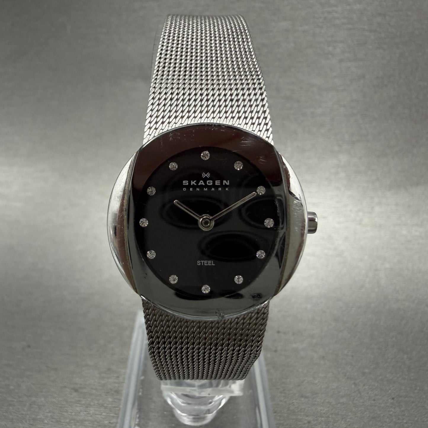 Skagen Watch Women 26mm Black Dial Silver Tone Oval Mesh Band 589SSSB New Batt0