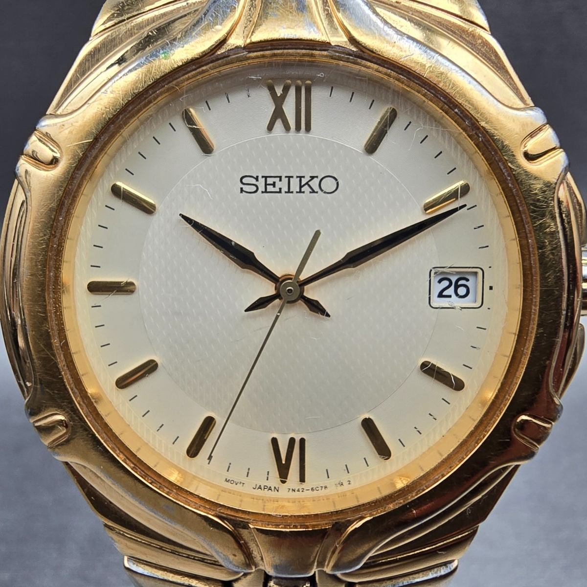 Seiko Watch Men 36mm Cream Dial Gold Tone Date Round 7N42-6C10 New Battery JP1