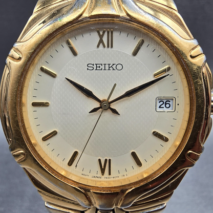 Seiko Watch Men 36mm Cream Dial Gold Tone Date Round 7N42-6C10 New Battery JP1
