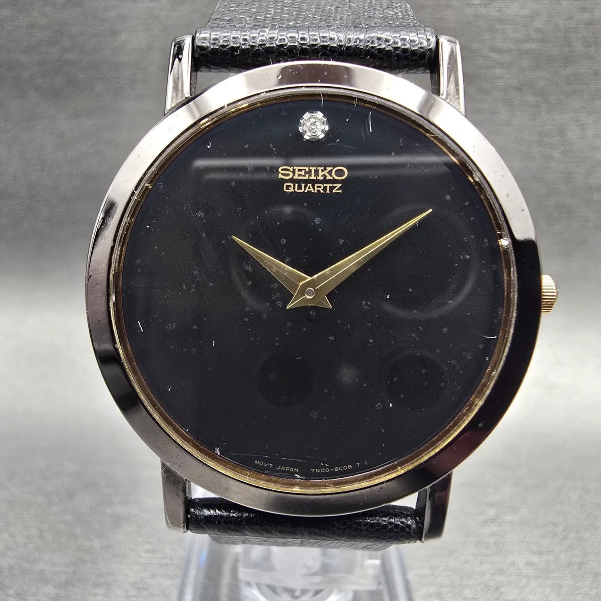 Seiko Mens Watch 34mm Black Dial Black Tone Round 7N00-8A49 New Battery Vintage1