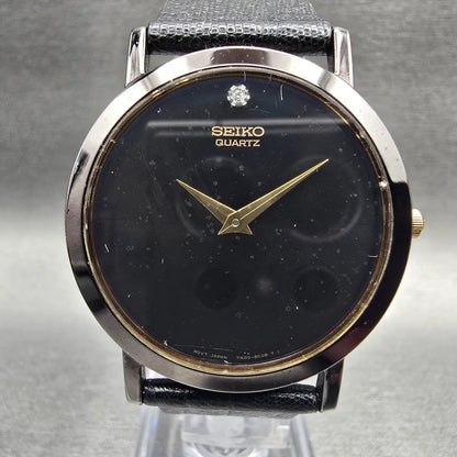 Seiko Mens Watch 34mm Black Dial Black Tone Round 7N00-8A49 New Battery Vintage1
