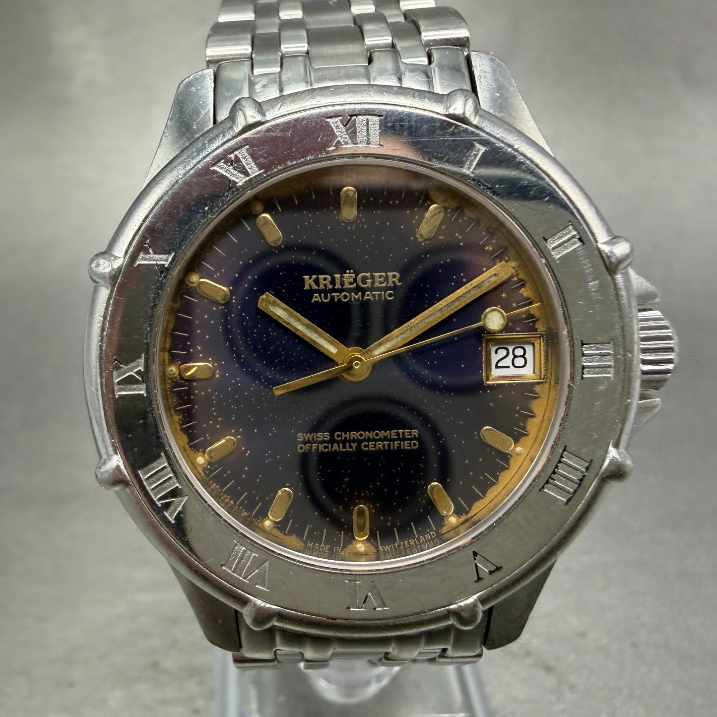 Krieger Automatic Watch Men 36mm Blue Dial Steel Date ETA 2892-2 PARTS0