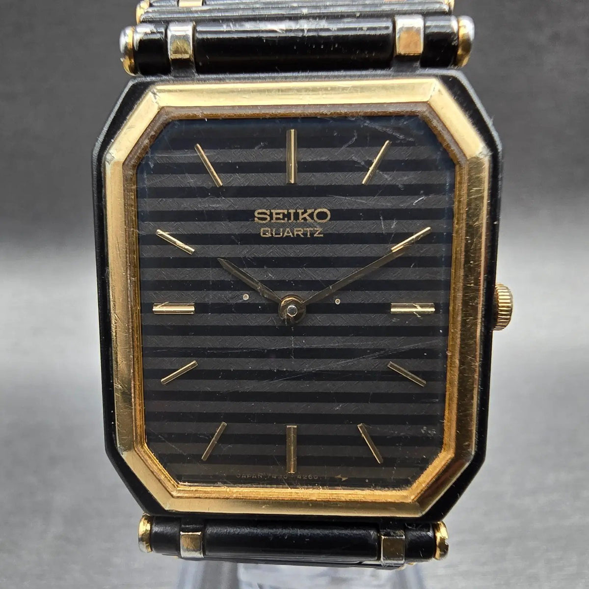 Seiko Tank Watch Men 24mm Black Dial Two Tone Rectangle 7430-5819 New Battery1