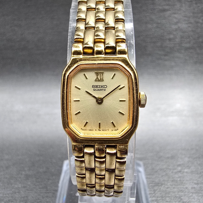 Seiko Watch Women 16mm Champagne Dial Gold Tone Rectangle 4N00-5249 New Battery0