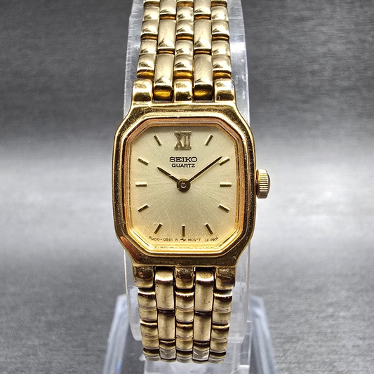Seiko Watch Women 16mm Champagne Dial Gold Tone Rectangle 4N00-5249 New Battery0