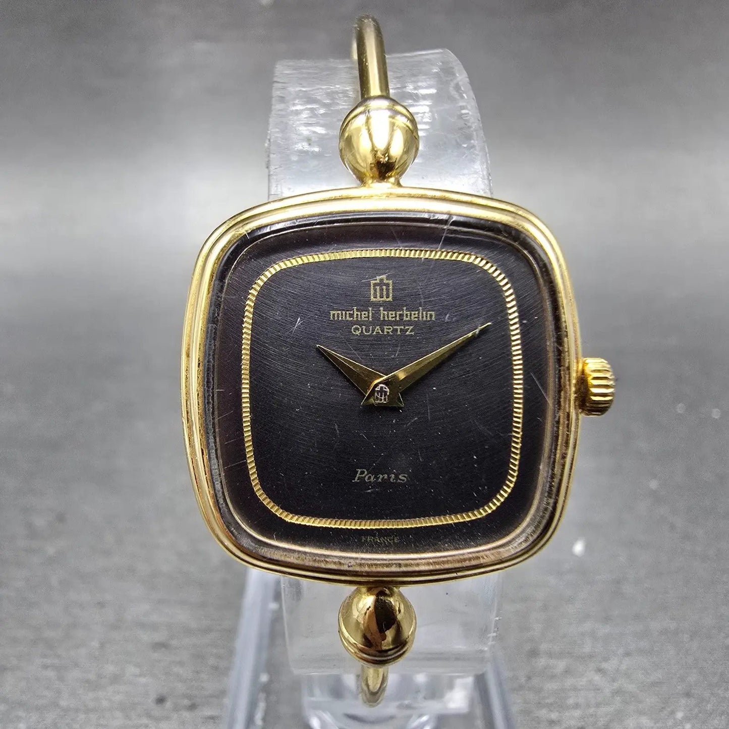 Michel Herbeln Watch Women 24mm Black Dial Gold Tone Square 9804 Vintage PARTS0