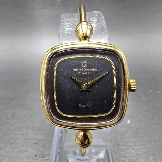Michel Herbeln Watch Women 24mm Black Dial Gold Tone Square 9804 Vintage PARTS0