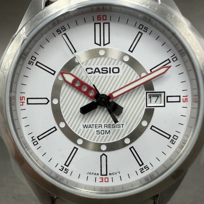 Casio MTP-E700 Watch Men 39mm White Dial Silver Tone Date Metal Bracelet Round1
