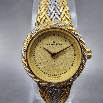 Hamilton Watch Women 19mm Gold Dial Two Tone Round Mesh Band  New Battery1