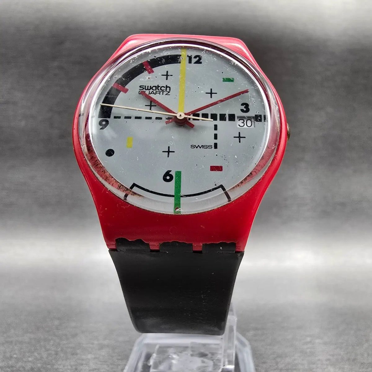 Swatch Compu-Tech Watch Men 34mm Gray Dial Red Case Date GR401 New Battery5