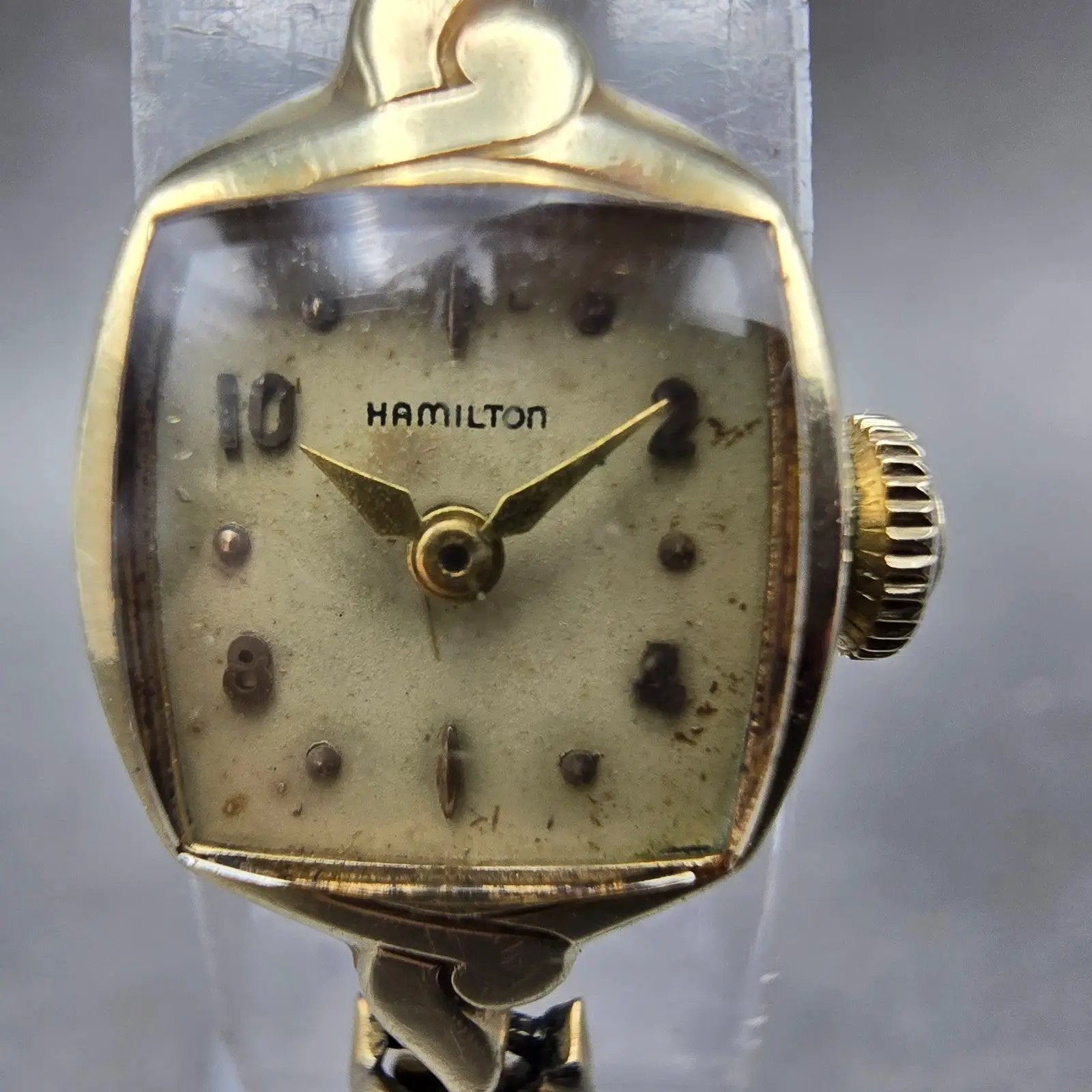 Hamilton Watch Women 14mm Cream Dial 14k Gold Rectangle Manual Wind Runs VTG1