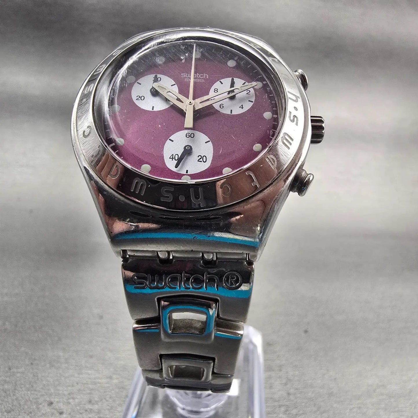 Swatch Irony New Egeria Chrono Watch Women Purple Dial Steel YMS105G New Battery5