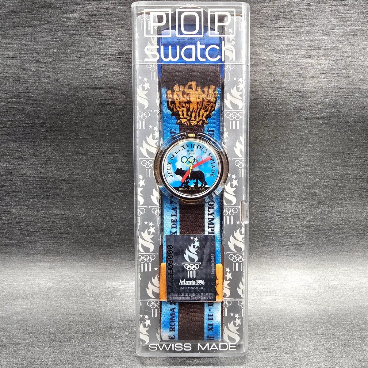 Swatch Pop Roma 1960 Watch Men 40mm Blue Dial Brown Case PMZ101 New Battery NOS9