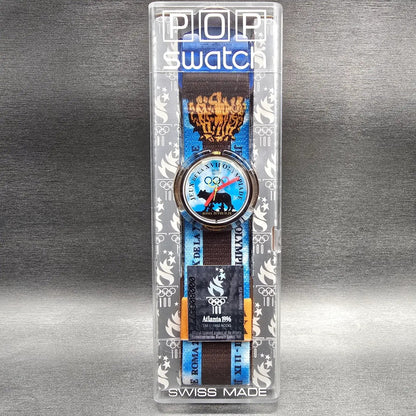 Swatch Pop Roma 1960 Watch Men 40mm Blue Dial Brown Case PMZ101 New Battery NOS9