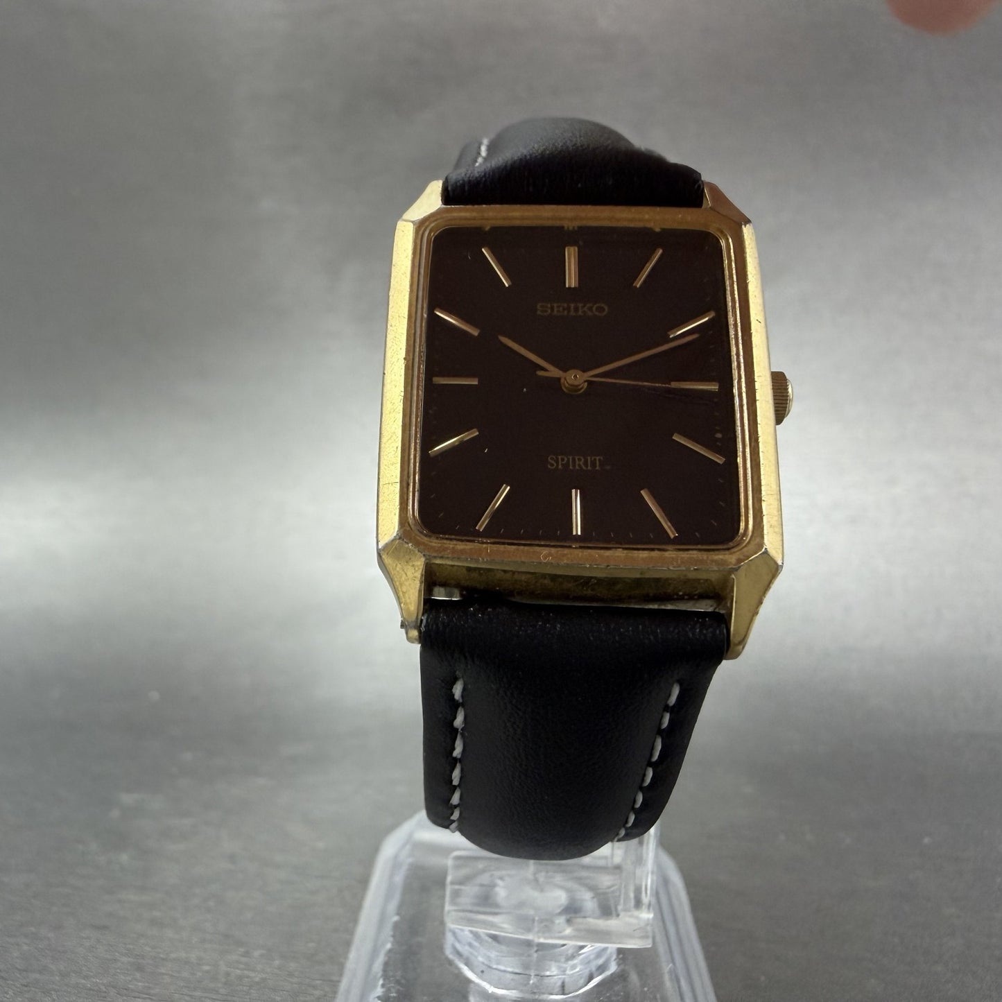 Seiko Spirit Tank Watch Men 25mm Black Dial Gold Tone Rectangle 7N01-5180 Newbat5