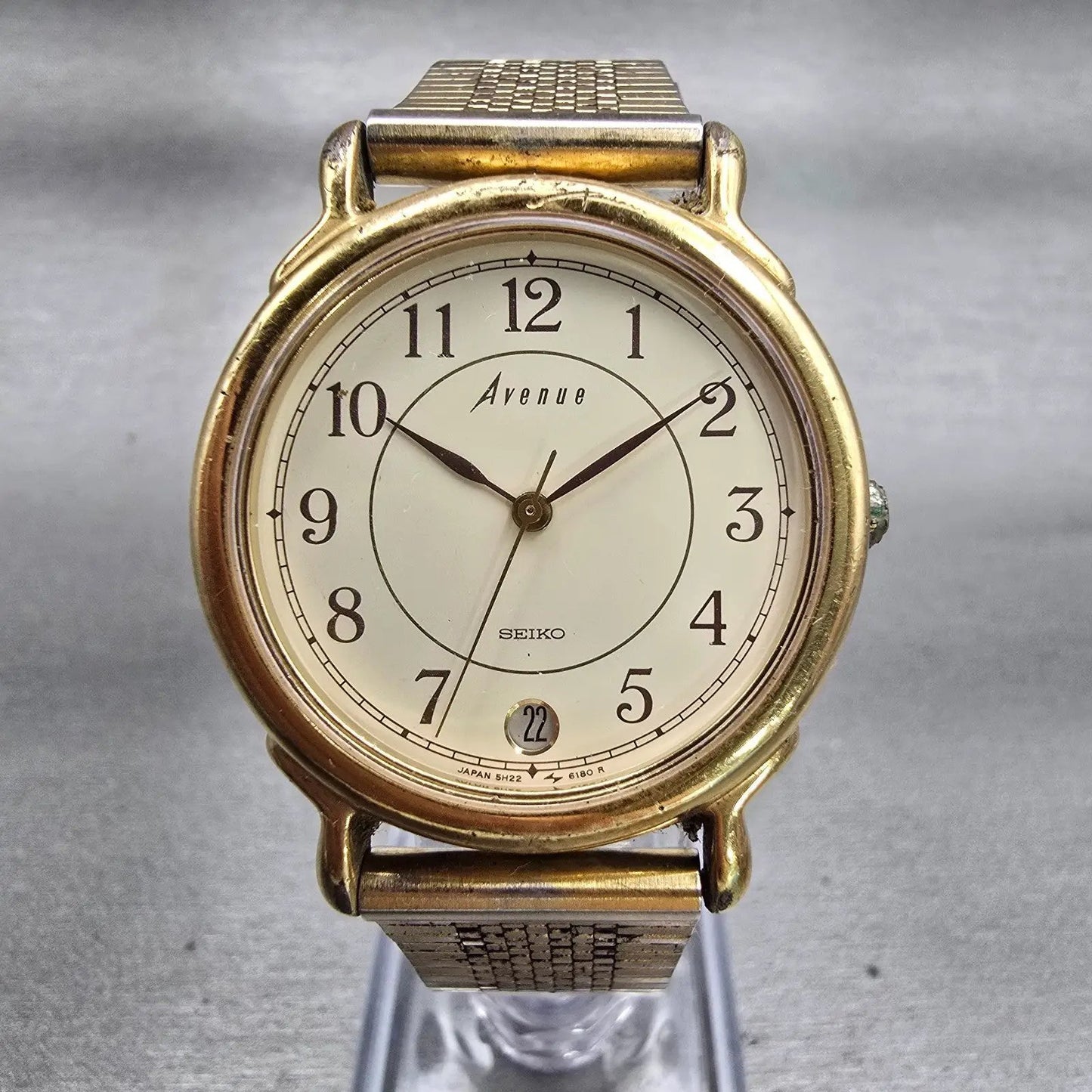 Seiko Avenue Watch Men 32mm Cream Dial Gold Tone Date 5H22-6150 New Battery VTG0